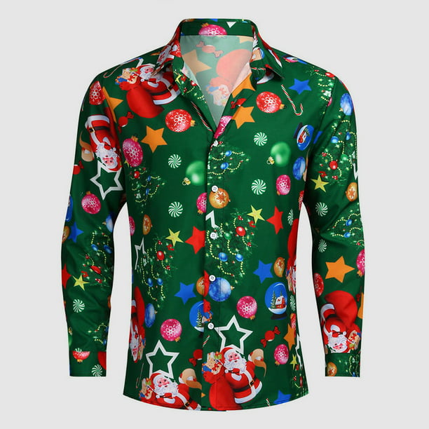 Mens Christmas Floral Shirt Blouse Casual Xmas Party Long Sleeve Fit Tops Tee UK